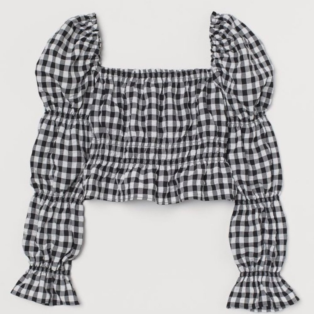 H&M Divided Cropped Puff-sleeved Gingham Top